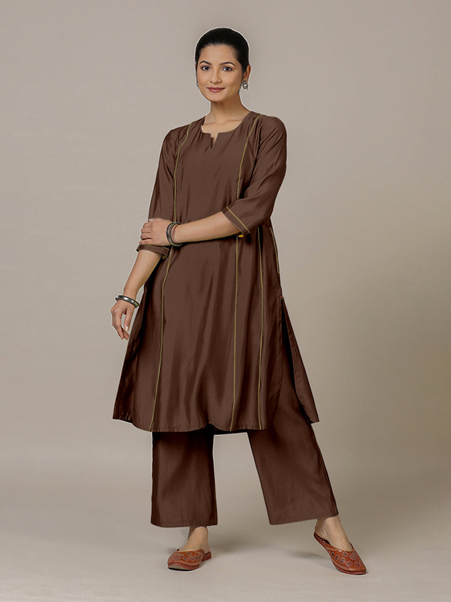 Mahi x Rozaana Kurta, in Brown Viscose, featuring three quarter sleeves and round neck with splitline, made for daily & work.