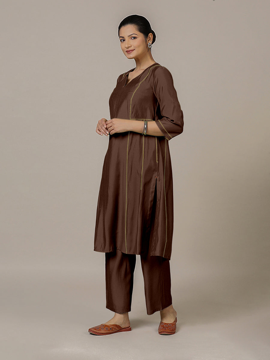 Mahi x Rozaana Kurta, in Brown Viscose, featuring three quarter sleeves and round neck with splitline, made for daily & work.