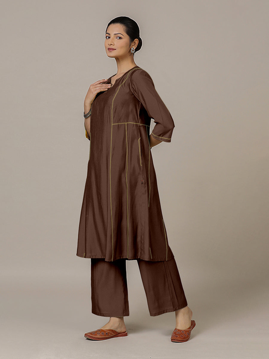 Mahi x Rozaana Kurta, in Brown Viscose, featuring three quarter sleeves and round neck with splitline, made for daily & work.