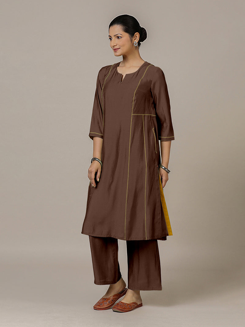 Mahi x Rozaana | A Line Kurta in Walnut Brown with Thread Work | Coords or Only Kurta-Binks