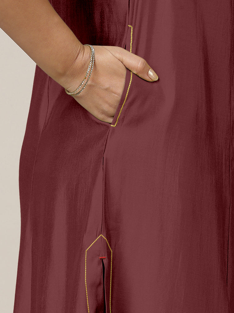 Mirha x Rozaana Kurta, in Maroon Viscose, featuring sleeveless and v-neckline, made for daily & work (view 3).