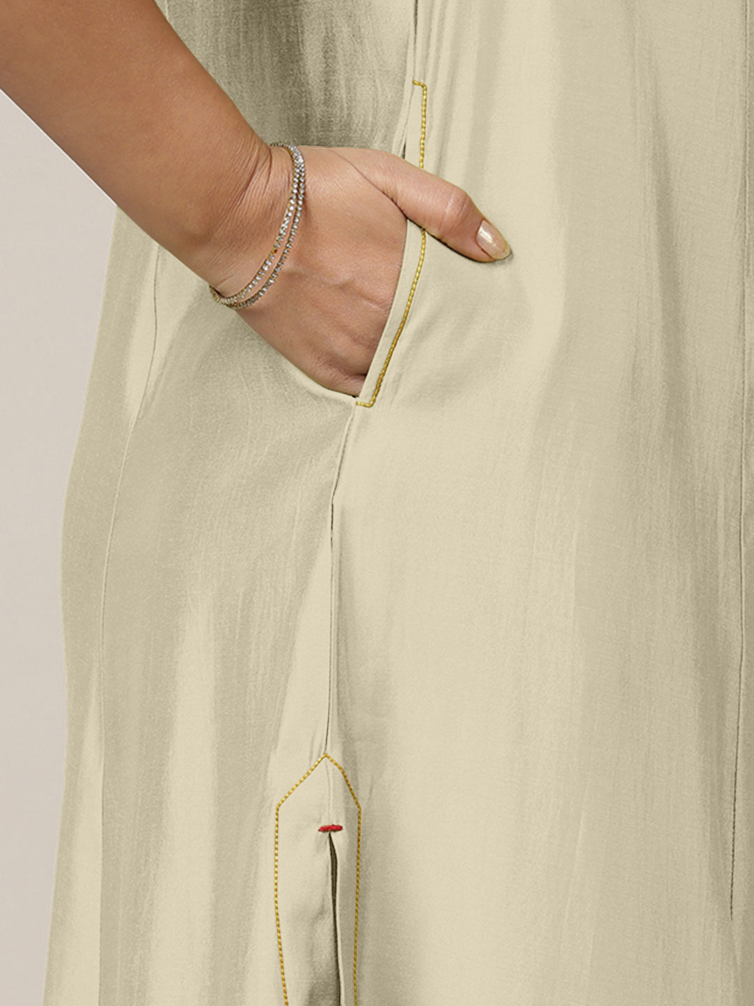 Mirha x Rozaana Kurta, in Cream Viscose, featuring sleeveless and v-neckline, made for daily & work (view 3).