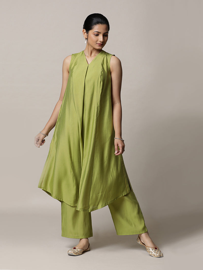 Mirha x Rozaana | A Line Kurta in Pista Green with Thread Work | Coords or Only Kurta-Binks
