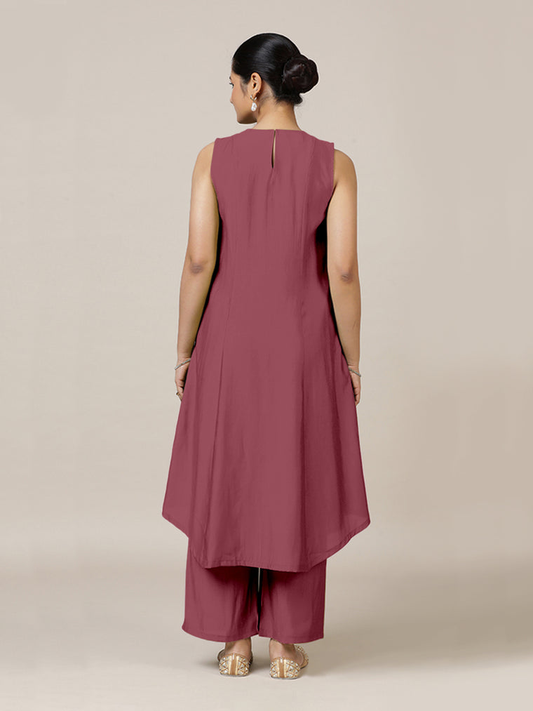 Mirha x Rozaana Kurta, in Pink Viscose, featuring sleeveless and v-neckline, made for daily & work (view 2).