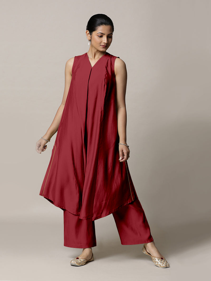 Mirha x Rozaana | A Line Kurta in Scarlet Red with Thread Work | Coords or Only Kurta-Binks