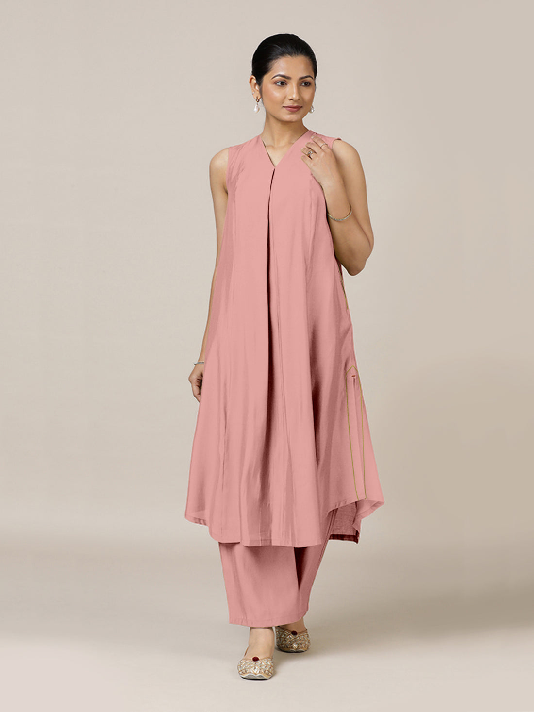 Mirha x Rozaana Kurta, in Pink Viscose, featuring sleeveless and v-neckline, made for daily & work.