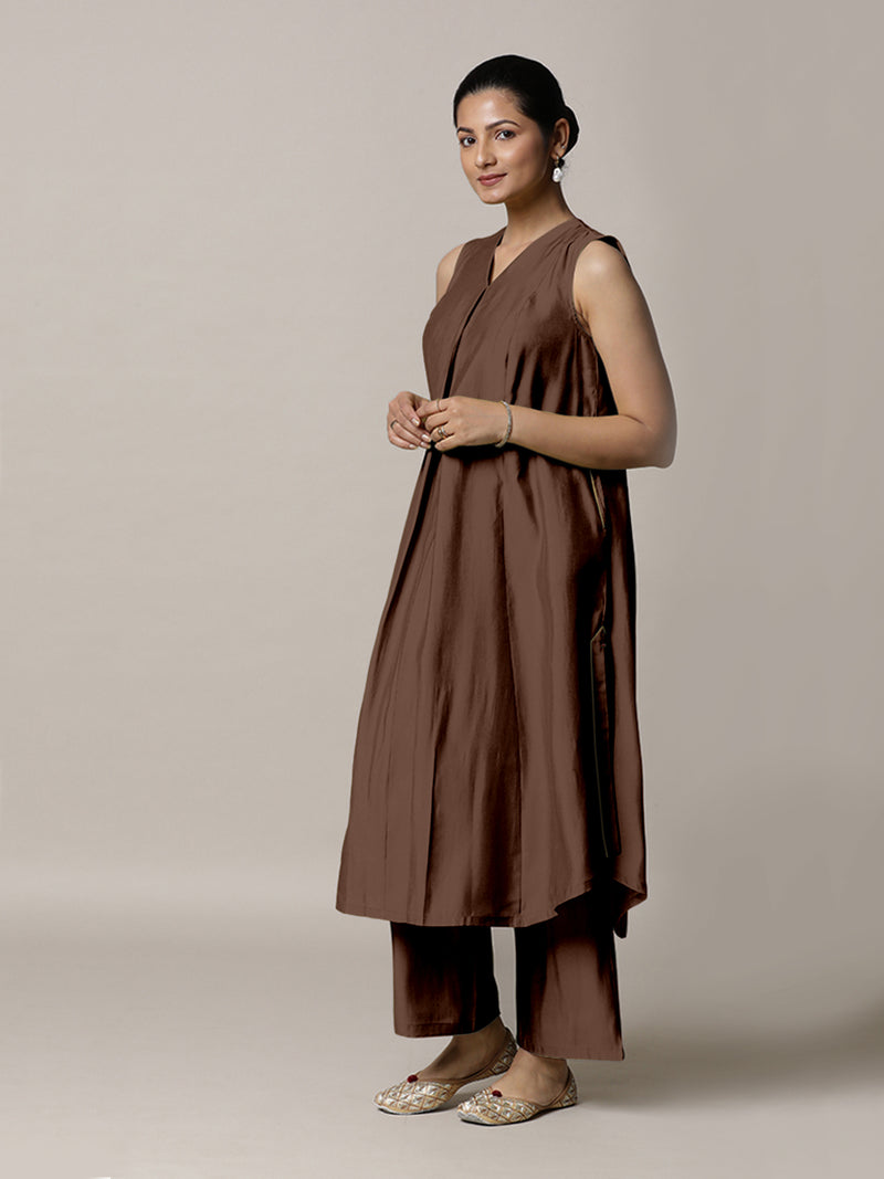Mirha x Rozaana | A Line Kurta in Walnut Brown with Thread Work | Coords or Only Kurta-Binks