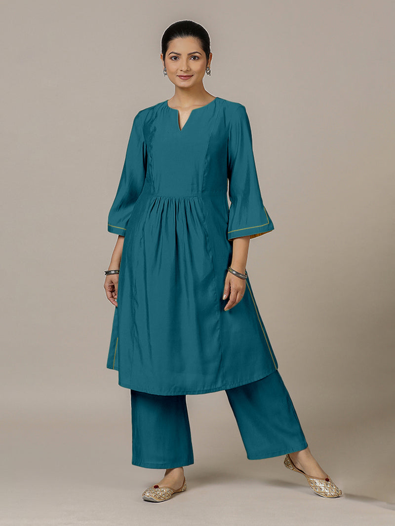 Nimrat x Rozaana | A Line Kurta in Crystal Teal with Thread Work | Coords or Only Kurta-Binks