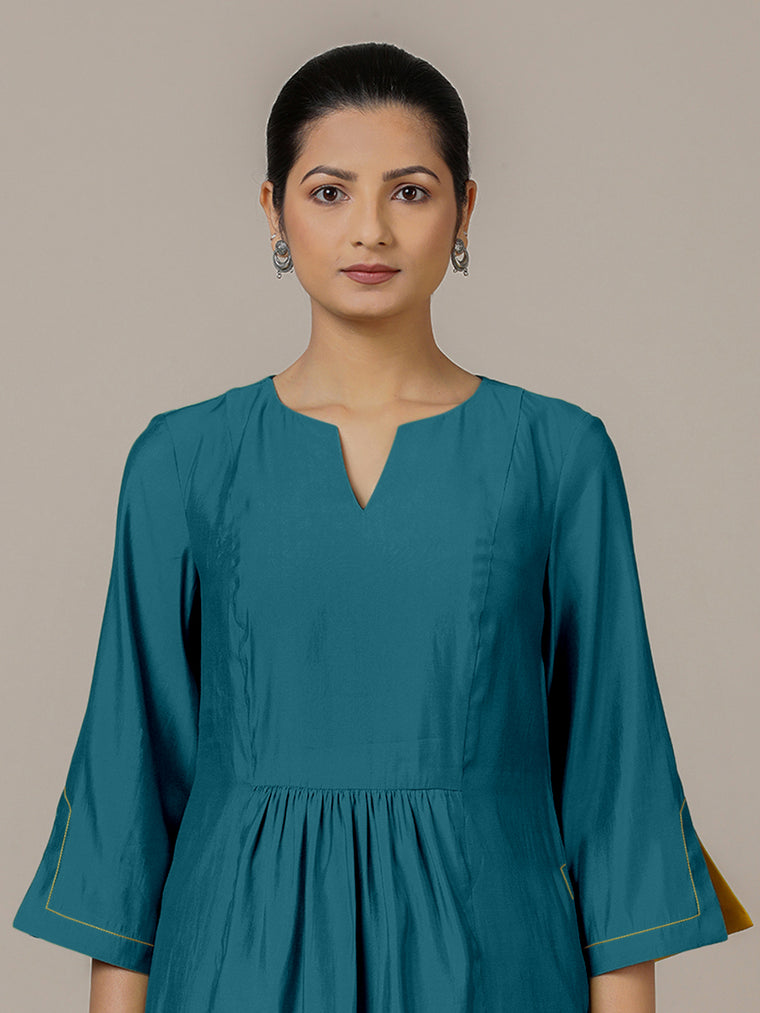 Nimrat x Rozaana Kurta, in Blue Viscose, featuring three quarter sleeves and round neck with splitline (view 3).
