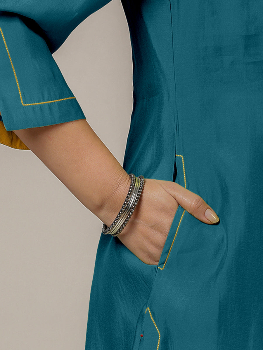 Nimrat x Rozaana Kurta, in Blue Viscose, featuring three quarter sleeves and round neck with splitline (view 4).
