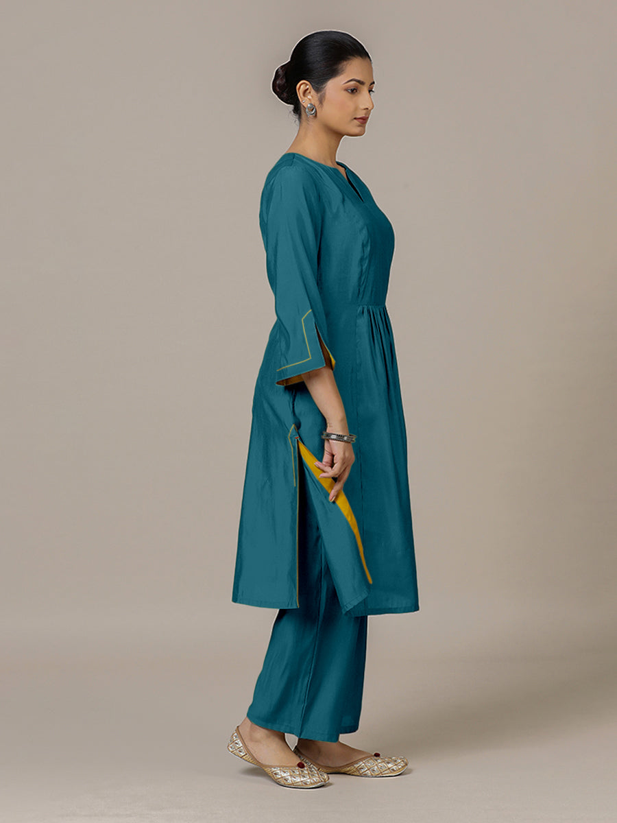 Nimrat x Rozaana Kurta, in Blue Viscose, featuring three quarter sleeves and round neck with splitline (view 5).