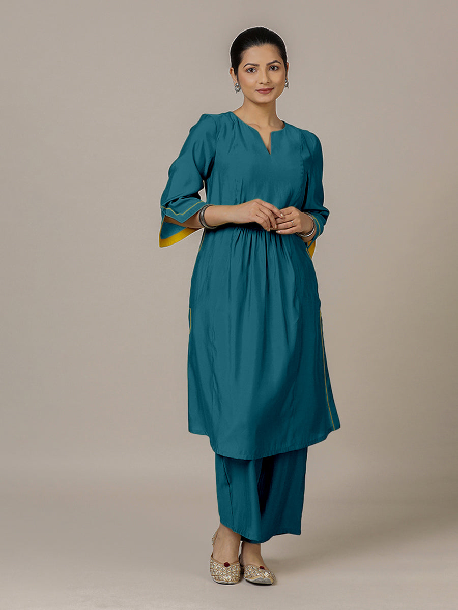 Nimrat x Rozaana Kurta, in Blue Viscose, featuring three quarter sleeves and round neck with splitline (view 6).