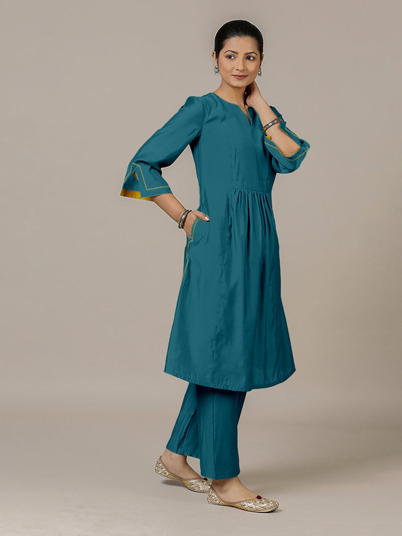 Nimrat x Rozaana | A Line Kurta in Crystal Teal with Thread Work | Coords or Only Kurta-Binks