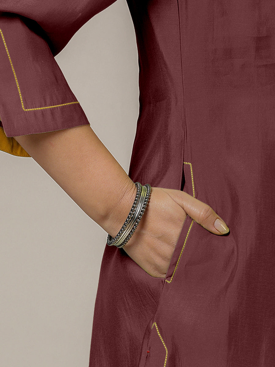 Nimrat x Rozaana Kurta, in Maroon Viscose, featuring three quarter sleeves and round neck with splitline (view 4).