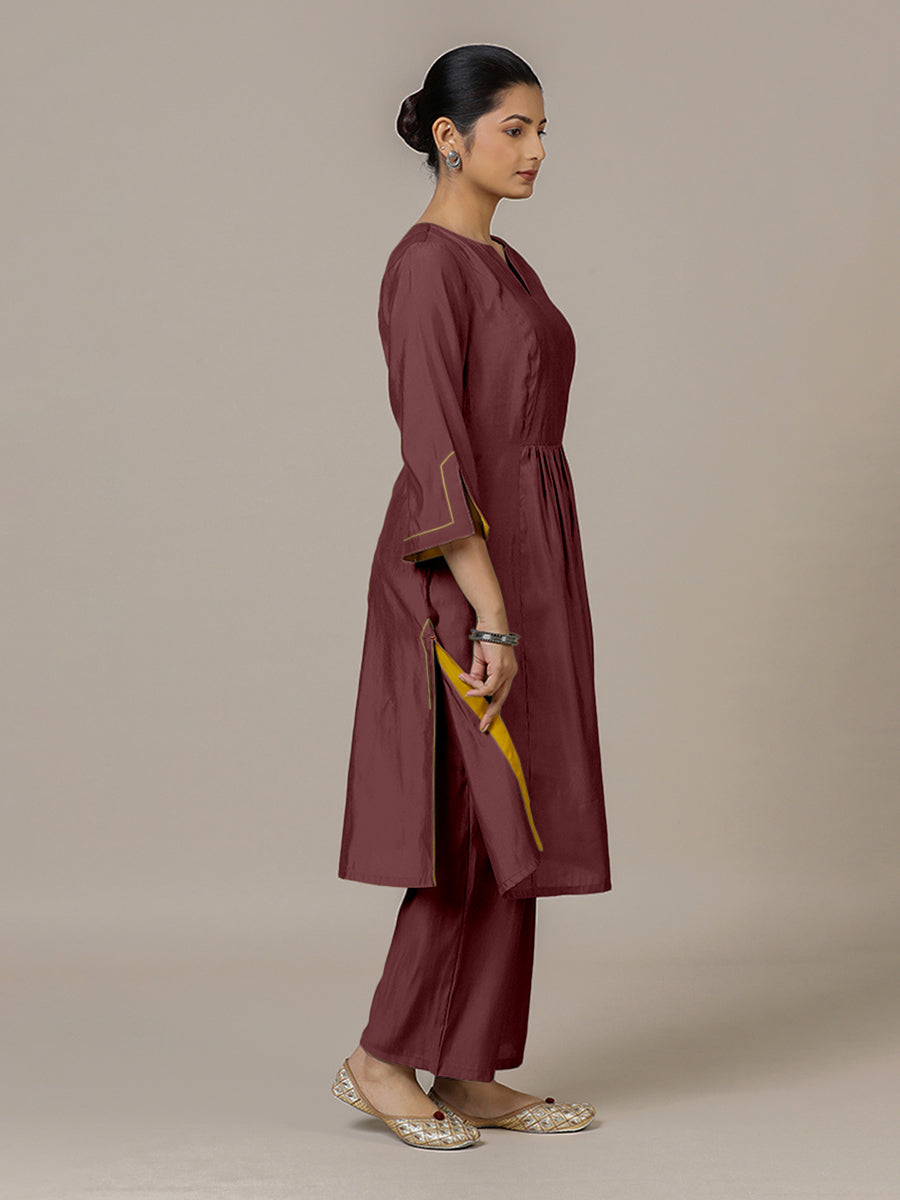 Nimrat x Rozaana Kurta, in Maroon Viscose, featuring three quarter sleeves and round neck with splitline (view 5).