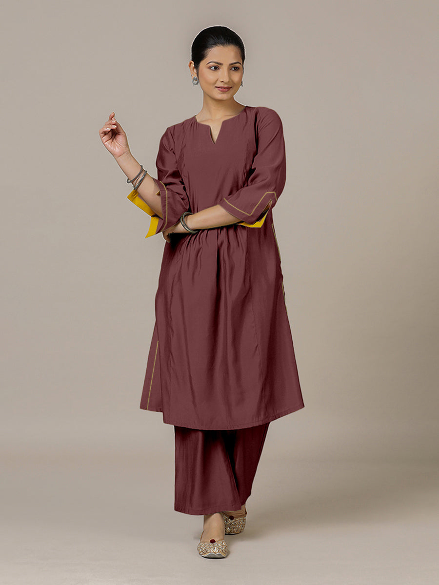 Nimrat x Rozaana Kurta, in Maroon Viscose, featuring three quarter sleeves and round neck with splitline (view 6).