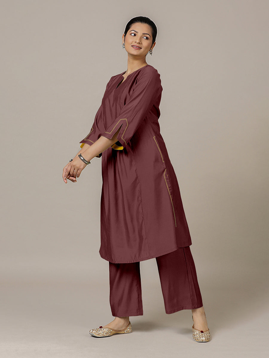 Nimrat x Rozaana Kurta, in Maroon Viscose, featuring three quarter sleeves and round neck with splitline (view 7).