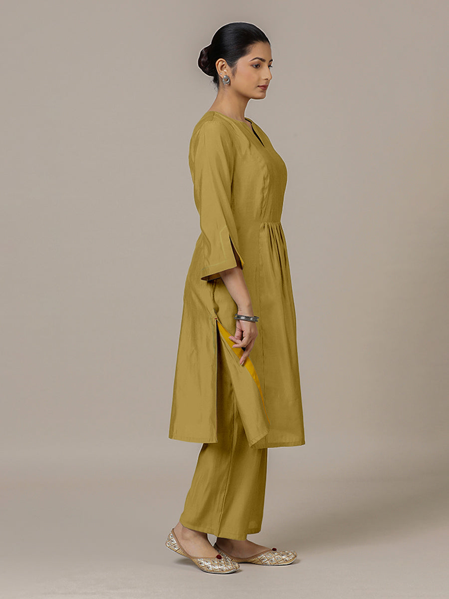 Nimrat x Rozaana Kurta, in Yellow Viscose, featuring three quarter sleeves and round neck with splitline (view 5).