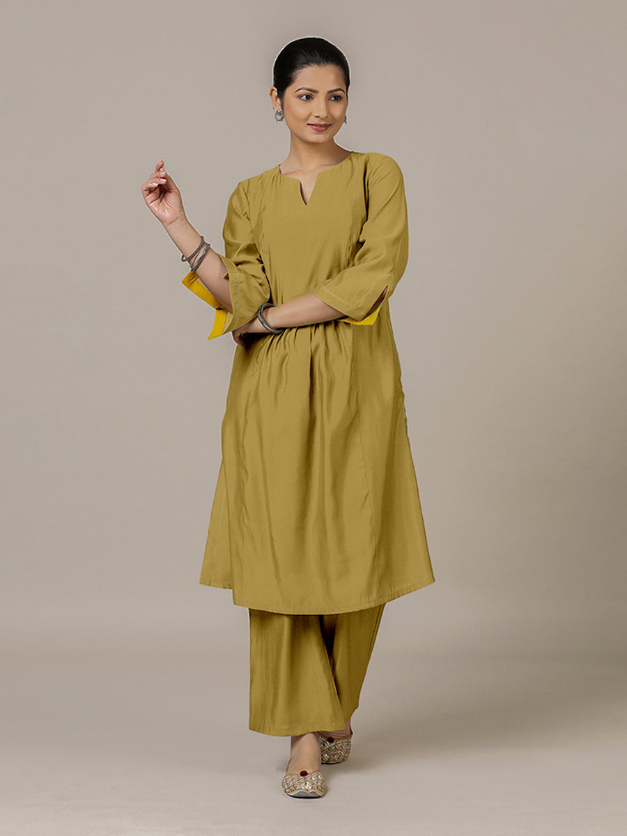 Nimrat x Rozaana Kurta, in Yellow Viscose, featuring three quarter sleeves and round neck with splitline (view 6).