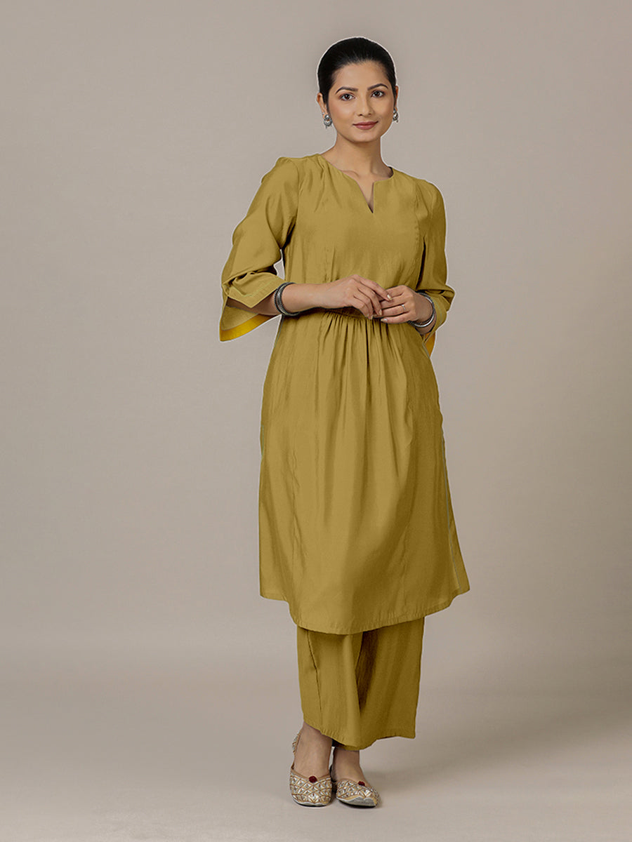 Nimrat x Rozaana Kurta, in Yellow Viscose, featuring three quarter sleeves and round neck with splitline (view 7).