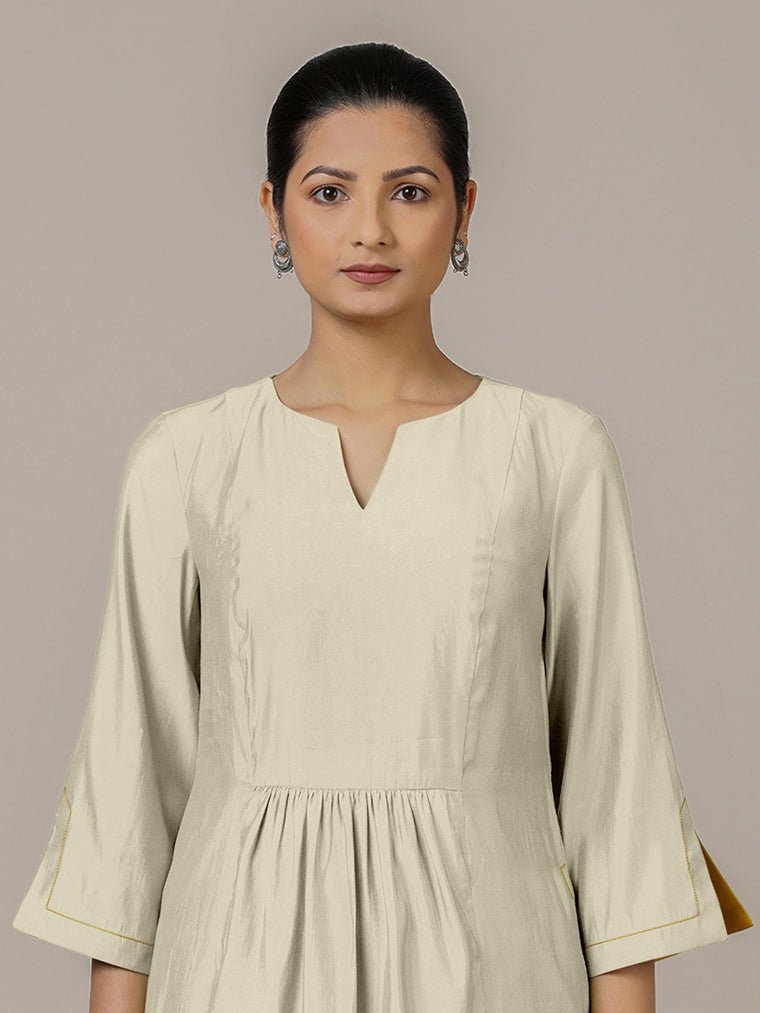 Nimrat x Rozaana Kurta, in Cream Viscose, featuring three quarter sleeves and round neck with splitline (view 3).