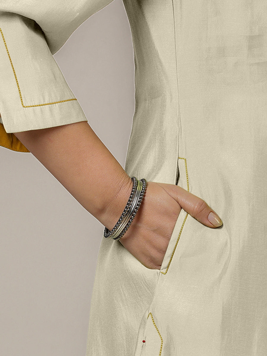 Nimrat x Rozaana Kurta, in Cream Viscose, featuring three quarter sleeves and round neck with splitline (view 4).
