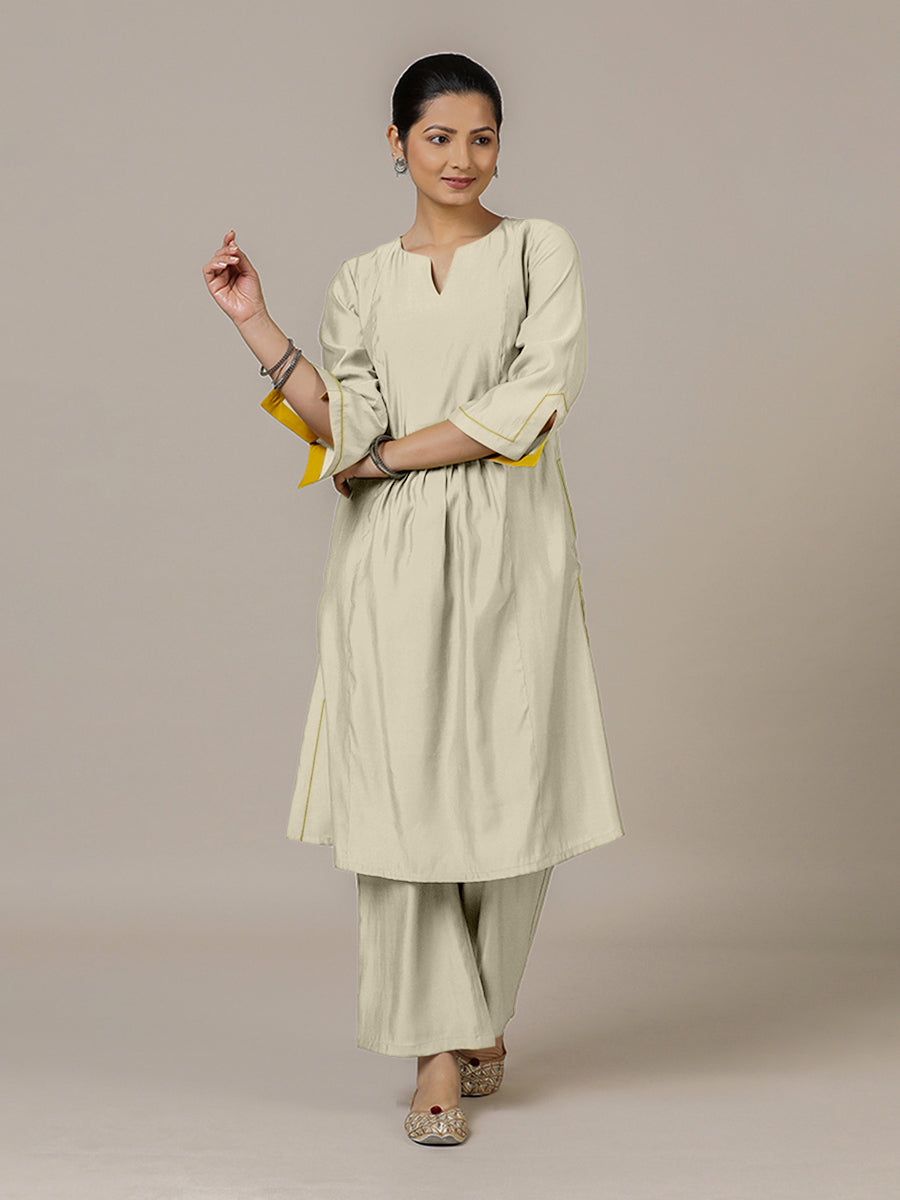Nimrat x Rozaana Kurta, in Cream Viscose, featuring three quarter sleeves and round neck with splitline (view 6).