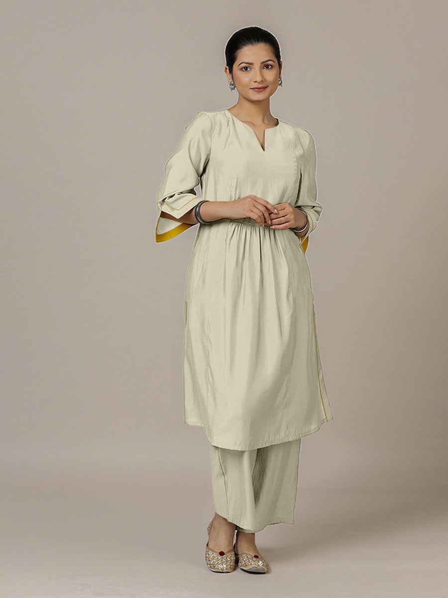 Nimrat x Rozaana Kurta, in Cream Viscose, featuring three quarter sleeves and round neck with splitline (view 7).