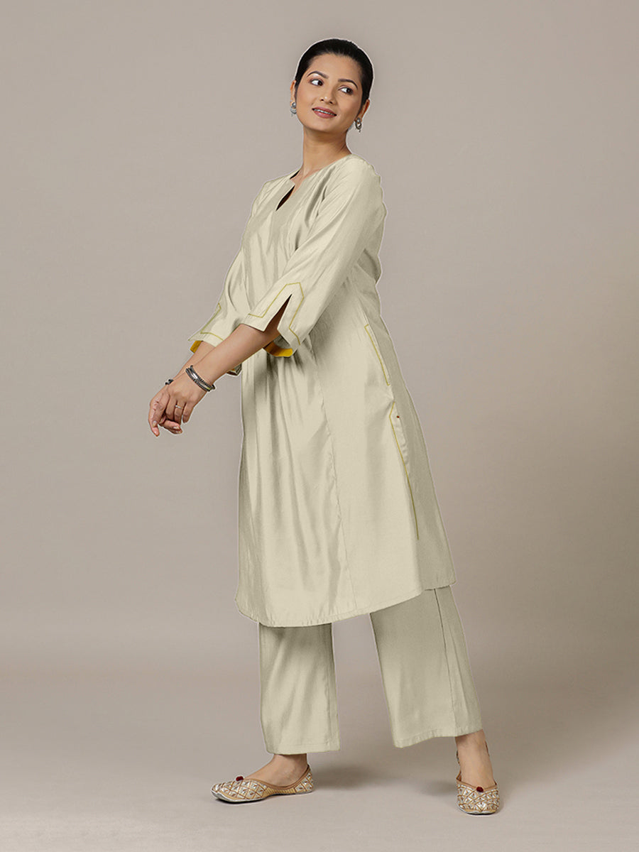 Nimrat x Rozaana Kurta, in Cream Viscose, featuring three quarter sleeves and round neck with splitline (view 8).