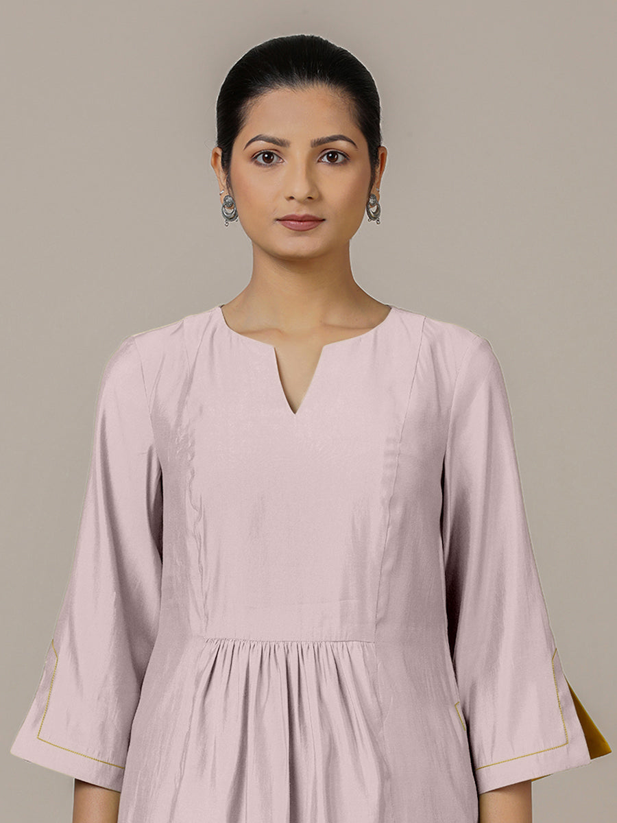 Nimrat x Rozaana Kurta, in Purple Viscose, featuring three quarter sleeves and round neck with splitline (view 3).