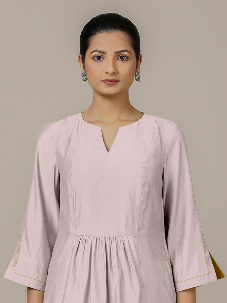 Nimrat x Rozaana Kurta, in Purple Viscose, featuring three quarter sleeves and round neck with splitline (view 3).