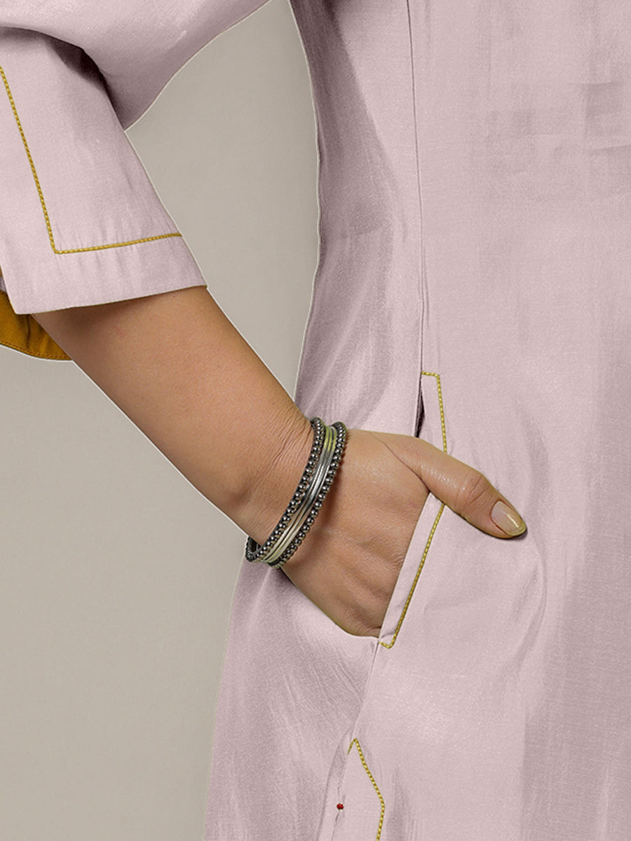 Nimrat x Rozaana Kurta, in Purple Viscose, featuring three quarter sleeves and round neck with splitline (view 4).