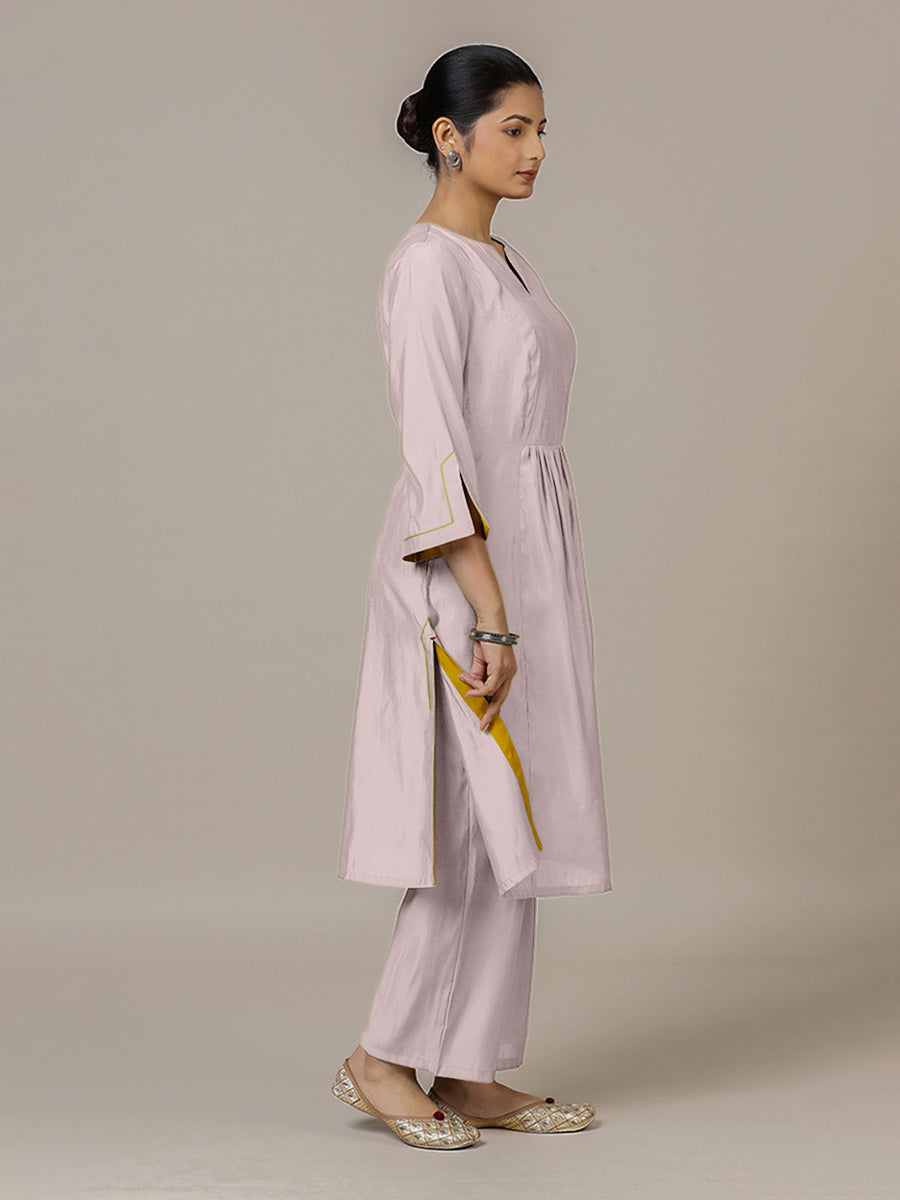 Nimrat x Rozaana Kurta, in Purple Viscose, featuring three quarter sleeves and round neck with splitline (view 5).