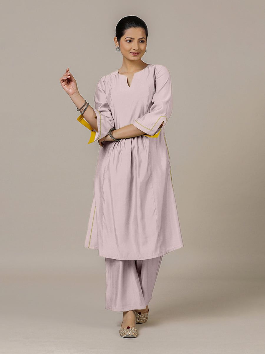Nimrat x Rozaana Kurta, in Purple Viscose, featuring three quarter sleeves and round neck with splitline (view 6).