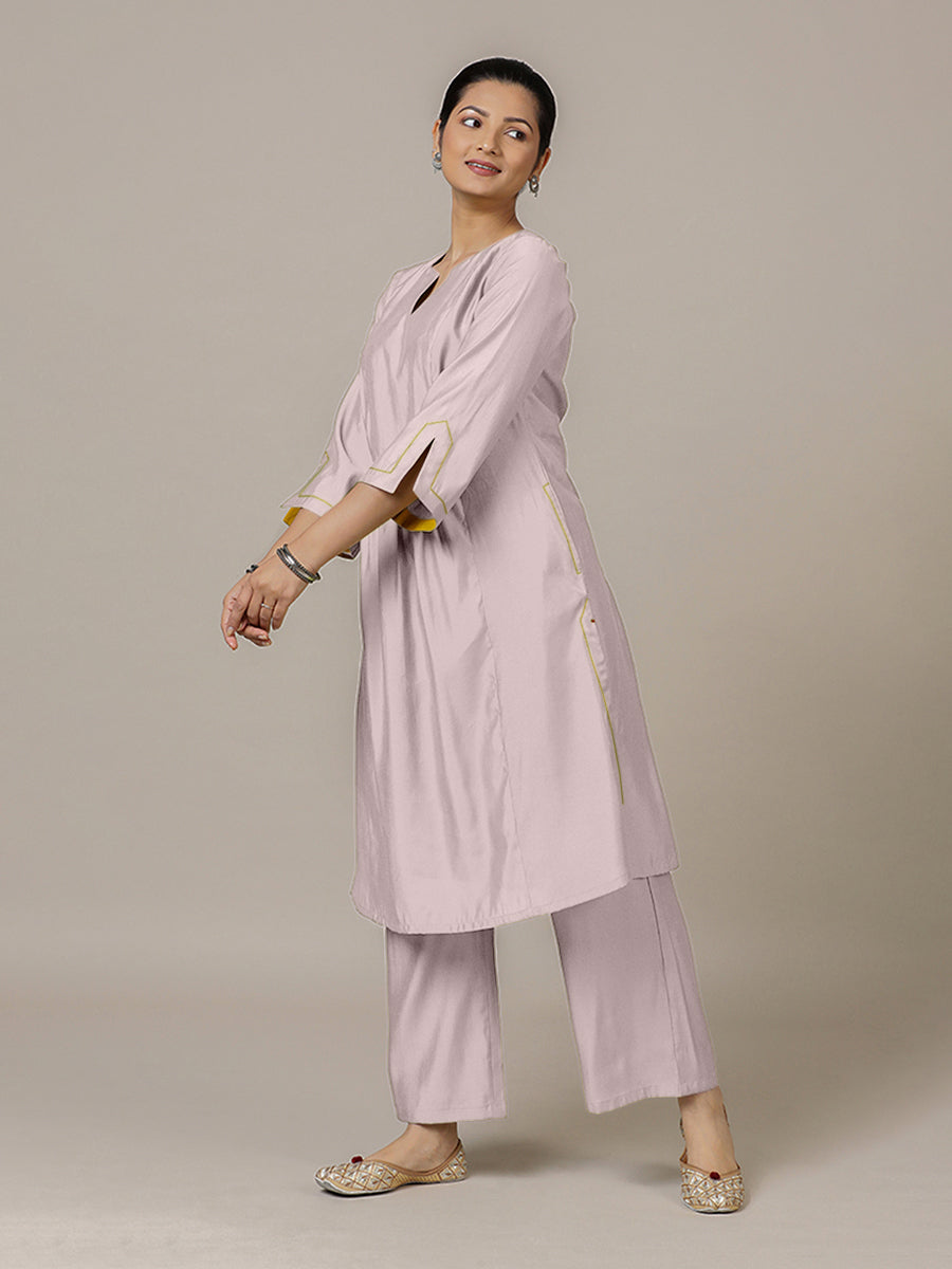 Nimrat x Rozaana Kurta, in Purple Viscose, featuring three quarter sleeves and round neck with splitline (view 8).