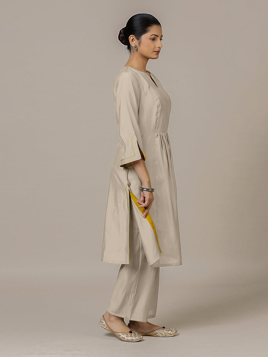Nimrat x Rozaana Kurta, in Grey Viscose, featuring three quarter sleeves and round neck with splitline (view 5).
