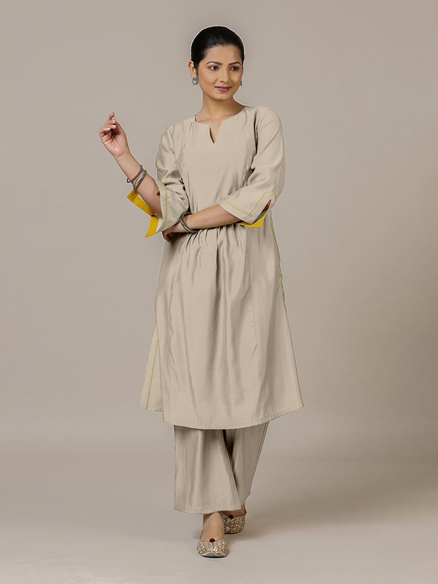 Nimrat x Rozaana Kurta, in Grey Viscose, featuring three quarter sleeves and round neck with splitline (view 6).