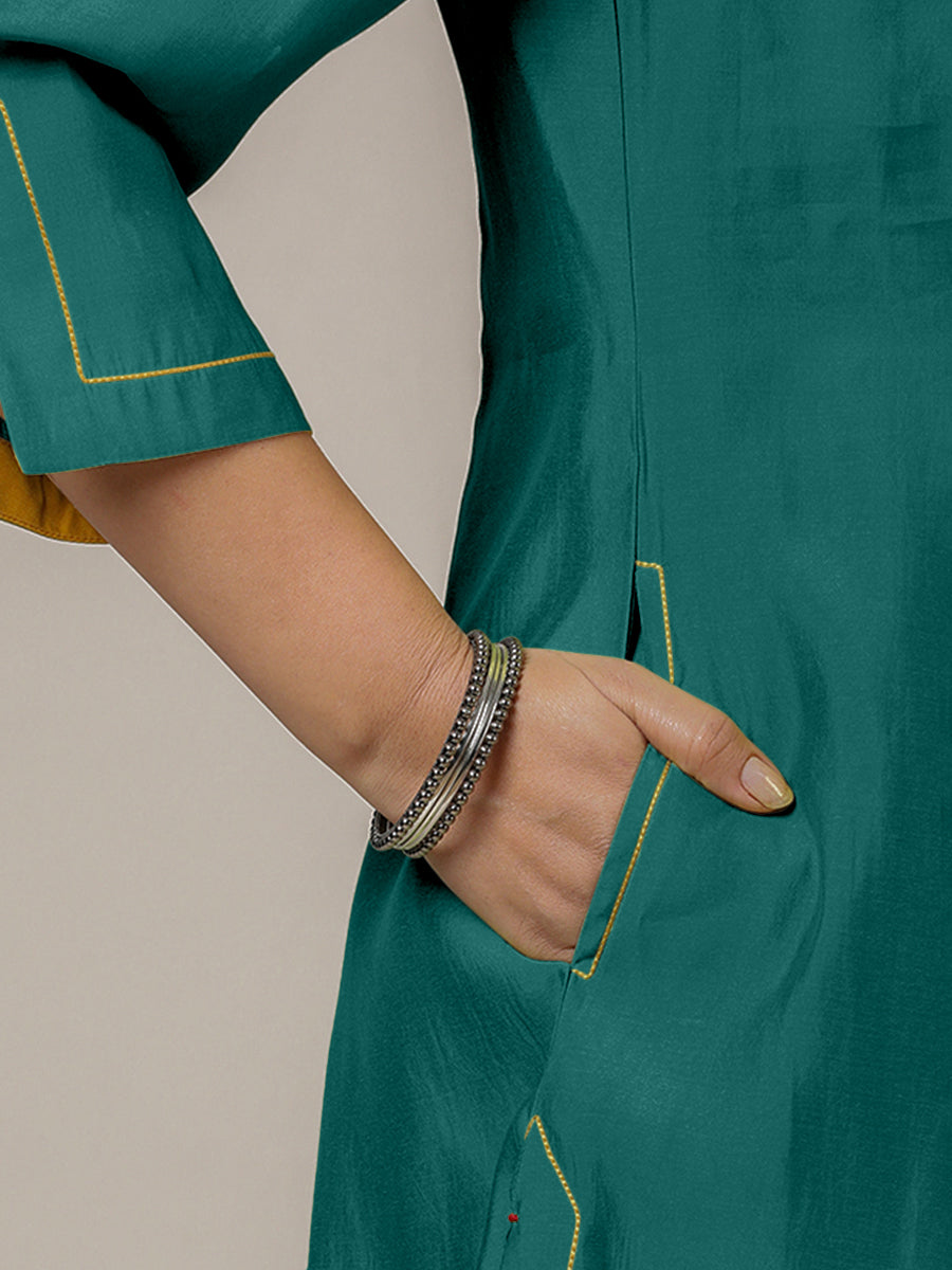 Nimrat x Rozaana Kurta, in Green Viscose, featuring three quarter sleeves and round neck with splitline (view 4).