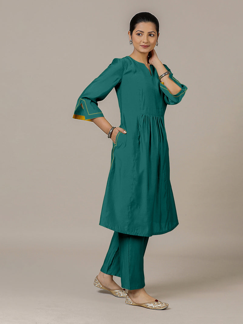 Nimrat x Rozaana | A Line Kurta in Peacock Green with Thread Work | Coords or Only Kurta-Binks