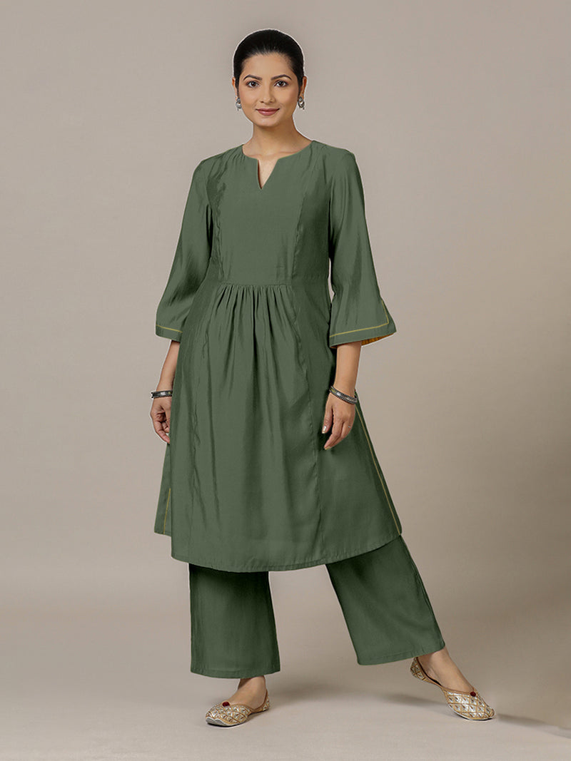 Nimrat x Rozaana | A Line Kurta in Pine Green with Thread Work | Coords or Only Kurta-Binks
