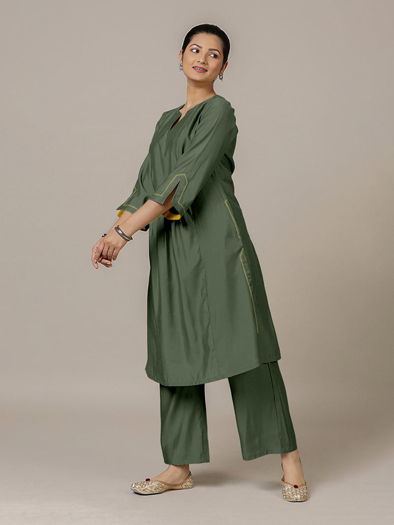 Nimrat x Rozaana | A Line Kurta in Pine Green with Thread Work | Coords or Only Kurta-Binks