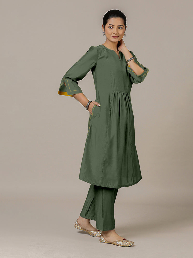 Nimrat x Rozaana | A Line Kurta in Pine Green with Thread Work | Coords or Only Kurta-Binks