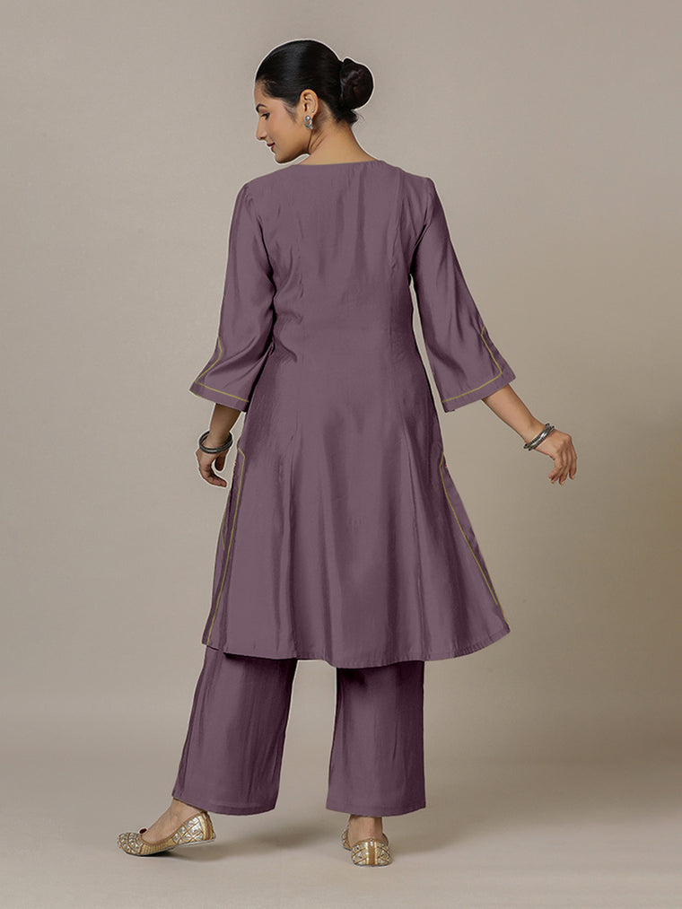 Nimrat x Rozaana Kurta, in Purple Viscose, featuring three quarter sleeves and round neck with splitline (view 2).