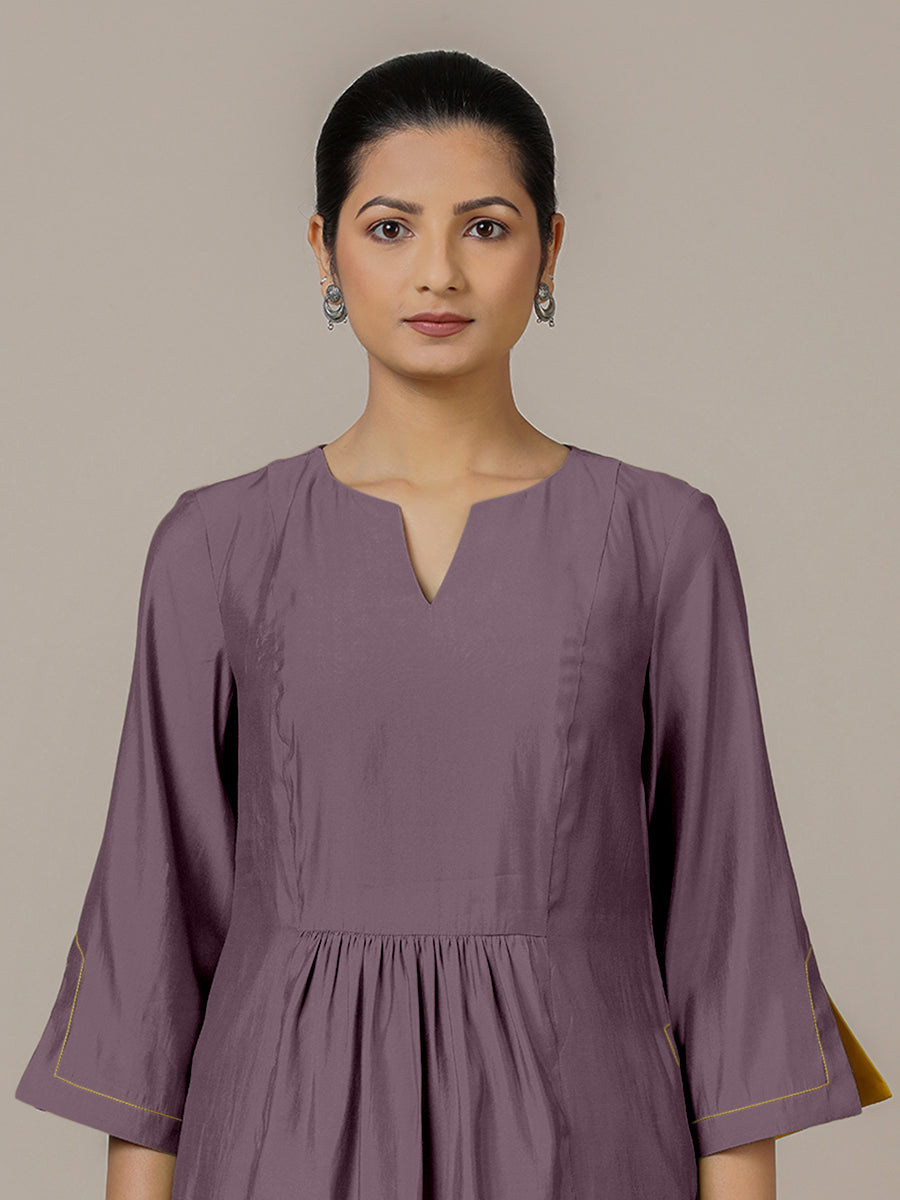 Nimrat x Rozaana Kurta, in Purple Viscose, featuring three quarter sleeves and round neck with splitline (view 3).