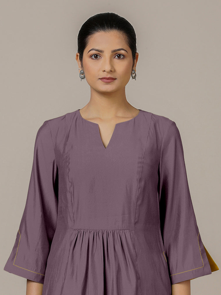 Nimrat x Rozaana Kurta, in Purple Viscose, featuring three quarter sleeves and round neck with splitline (view 3).