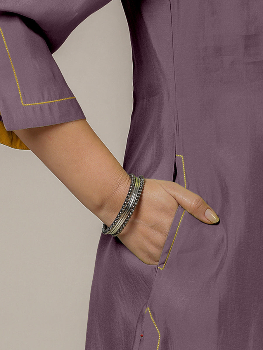Nimrat x Rozaana Kurta, in Purple Viscose, featuring three quarter sleeves and round neck with splitline (view 4).