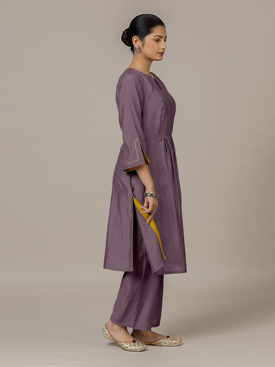 Nimrat x Rozaana Kurta, in Purple Viscose, featuring three quarter sleeves and round neck with splitline (view 5).