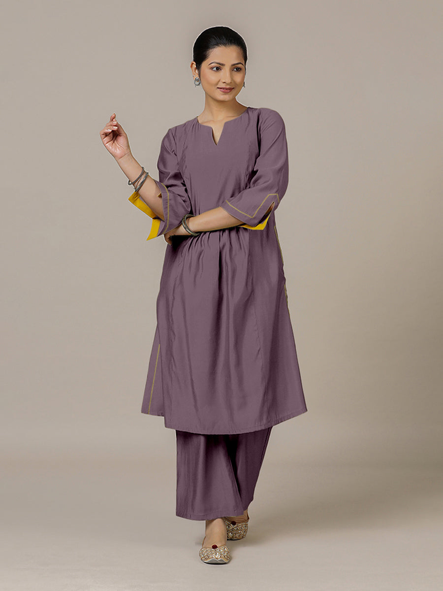 Nimrat x Rozaana Kurta, in Purple Viscose, featuring three quarter sleeves and round neck with splitline (view 6).