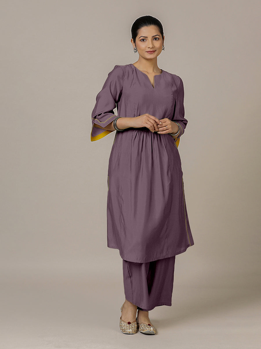Nimrat x Rozaana Kurta, in Purple Viscose, featuring three quarter sleeves and round neck with splitline (view 7).
