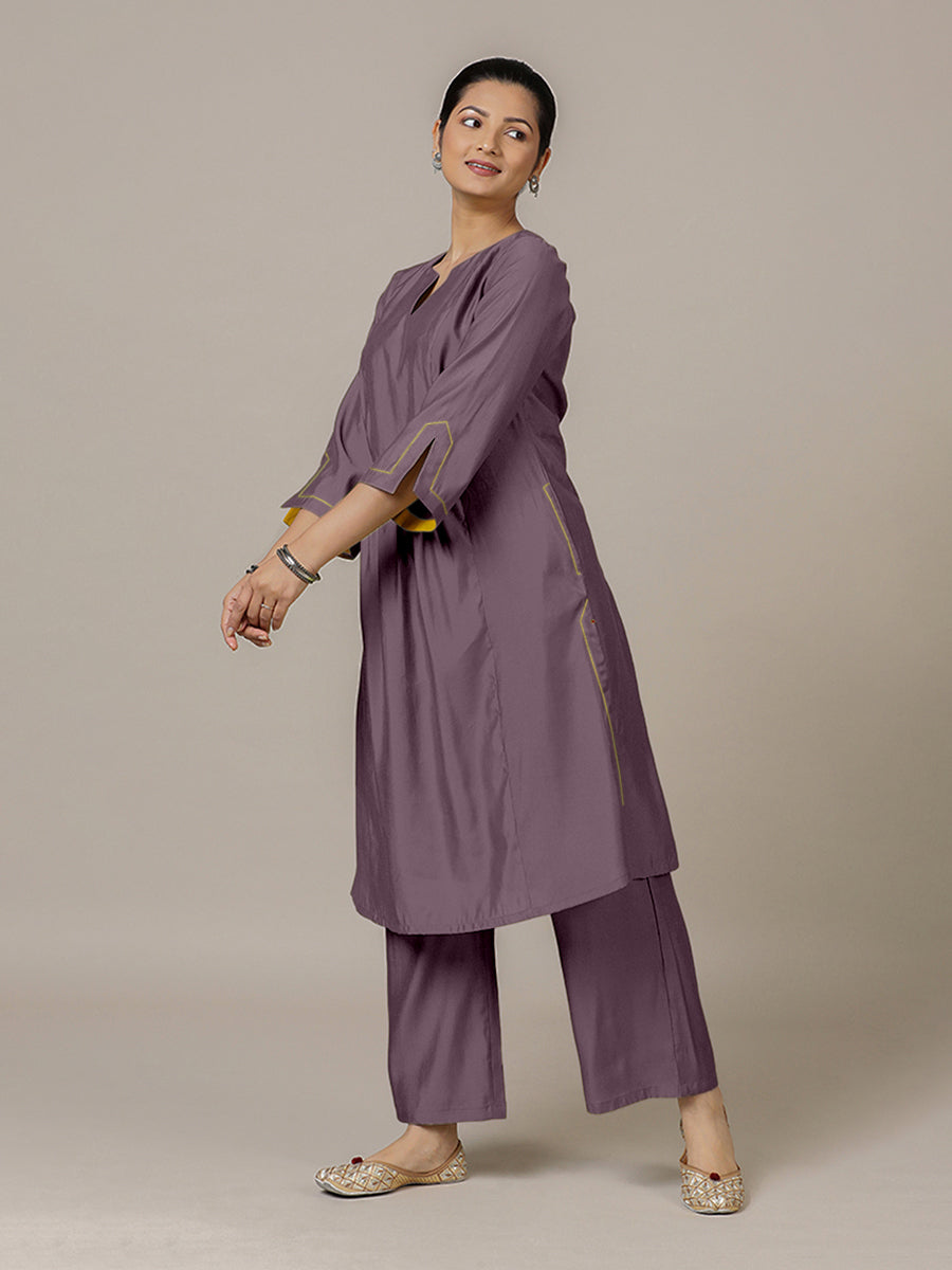 Nimrat x Rozaana Kurta, in Purple Viscose, featuring three quarter sleeves and round neck with splitline (view 8).